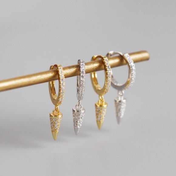 *NEW 925 Sterling Silver Diamond Spike Huggie Hoop - Picture 6 of 7